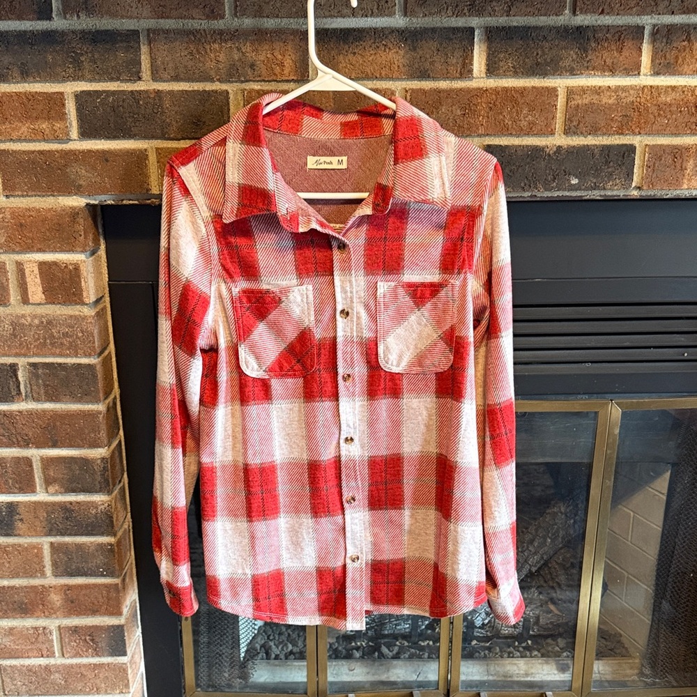 Plaid Button Down Shirt - Red and White